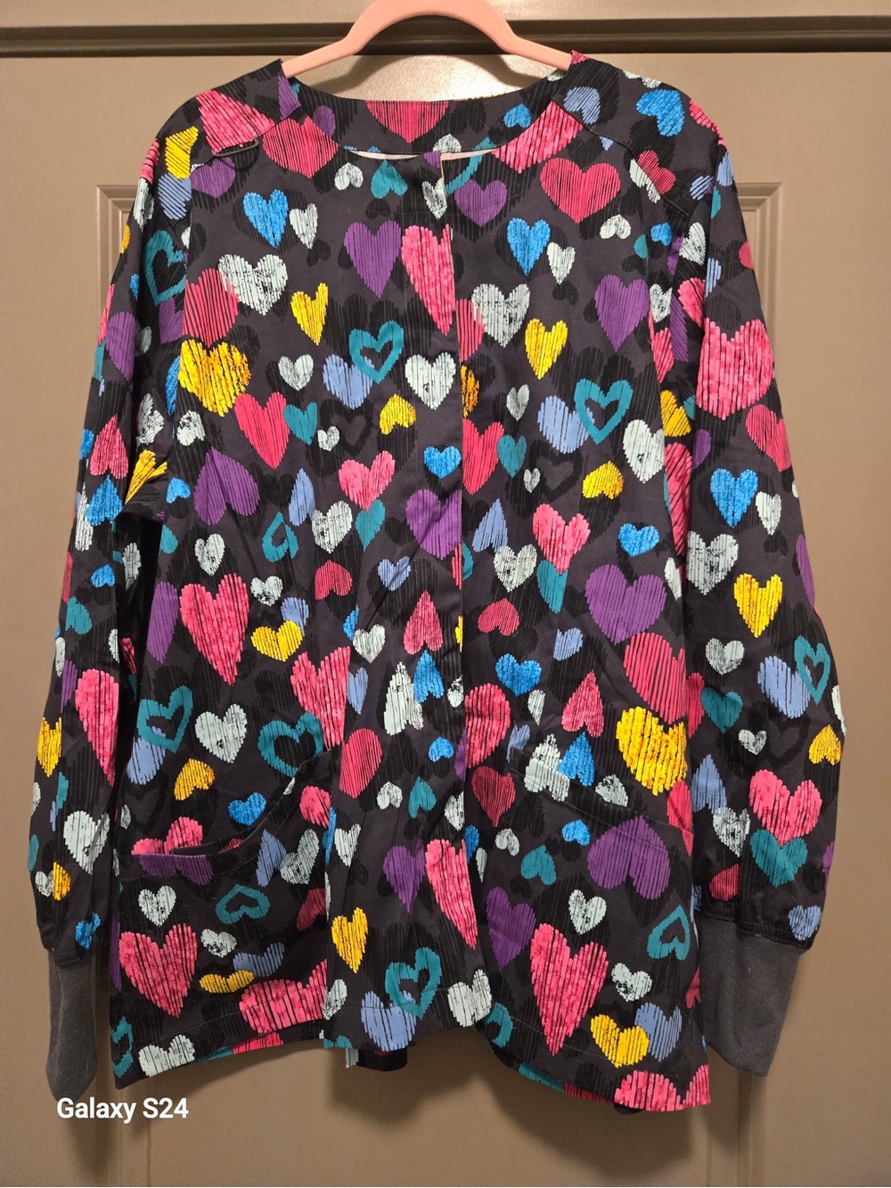 Butter-Soft Black Scrub Jacket with Multicolor Heart Print